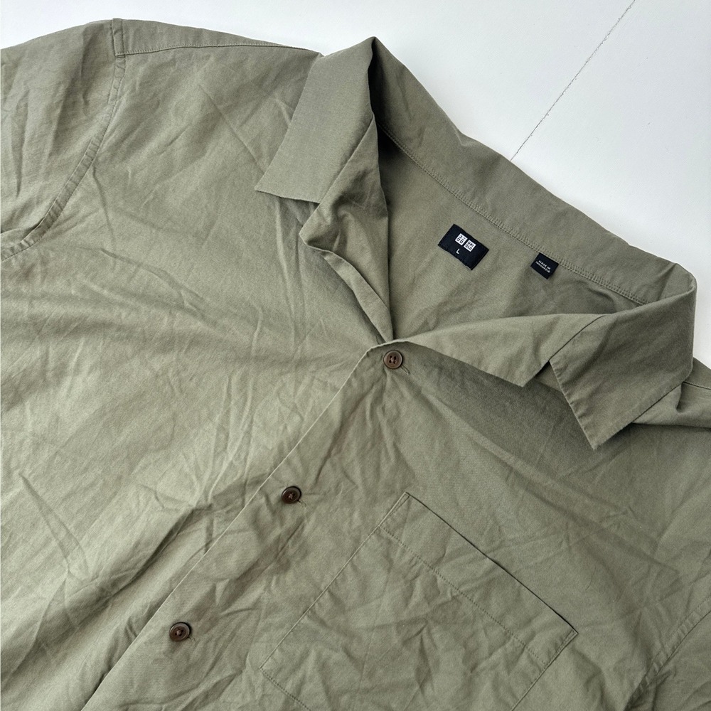 Uniqlo Mens Large Olive Green Modal Cotton Camp Collar Short Sleeve Shirt 449384